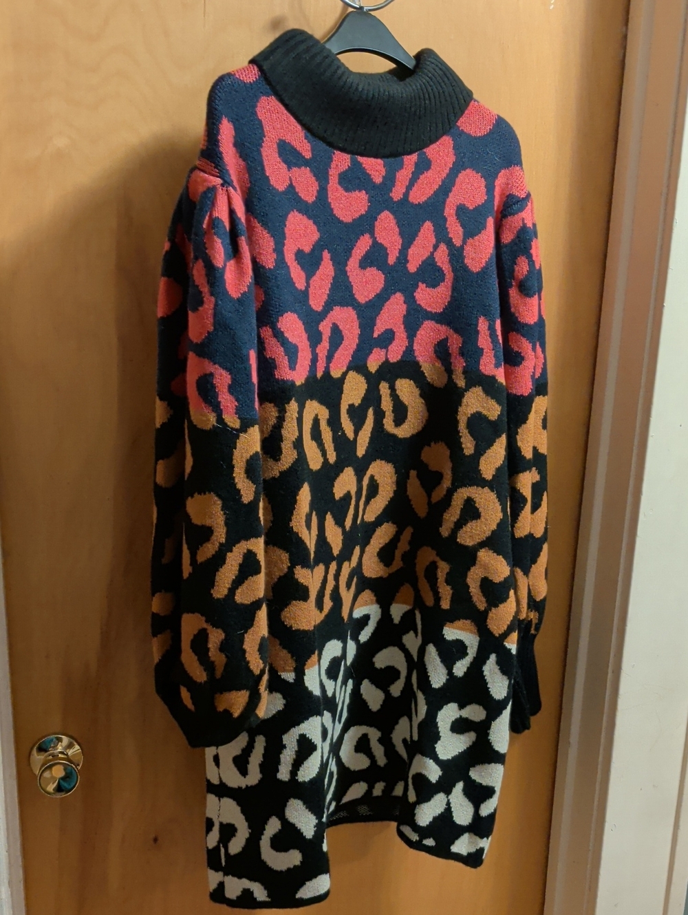 FARM Rio Colorblock Leopard Turtleneck Sweater in Black, Red, Tan, White